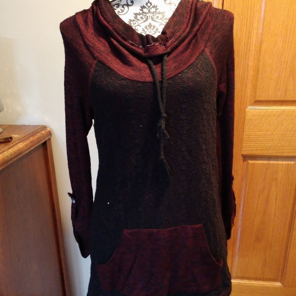 Red and black lace cowl neck sweater